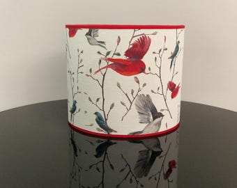 Bird-themed Handmade Lampshade with a fiery red ribbon - Luxury Decor for Home - Lampshade For Table Lamp or Pendant