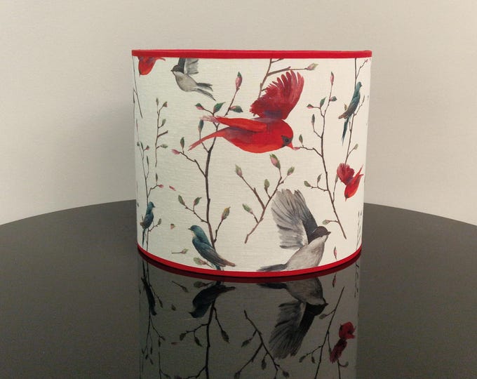Bird-themed Handmade Lampshade with a fiery red ribbon - Luxury Decor for Home - Lampshade For Table Lamp or Pendant