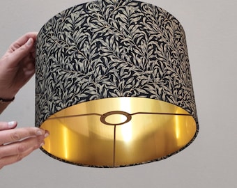 Handmade William Morris black Lampshade - Willow Bough Design with Gold Interior