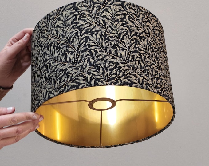 Handmade William Morris black Lampshade - Willow Bough Design with Gold Interior