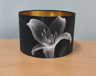 Black Lampshade with White Lily Design – Handmade Fabric Shade