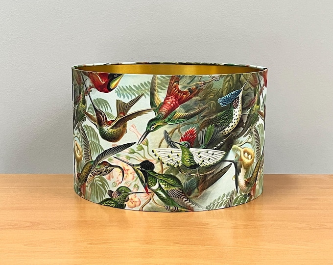 Handcrafted Lampshade with Vintage Hummingbirds and Gold Lined