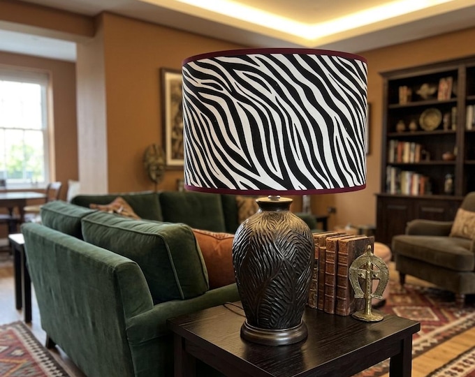 Zebra Print Lampshade with Burgundy Ribbon and Silver Interior