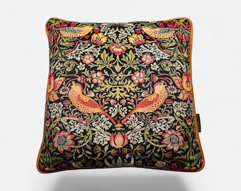 William Morris Strawberry Thief Cushion Cover | Gold Velvet Piping & Black Velvet Backing