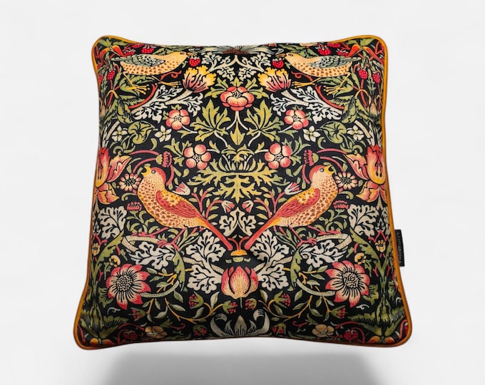 William Morris Strawberry Thief Cushion Cover | Gold Velvet Piping & Black Velvet Backing