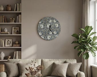 Handcrafted Wall Clock in William Morris style Green Pimpernel Fabric – Battery-Operated Decor