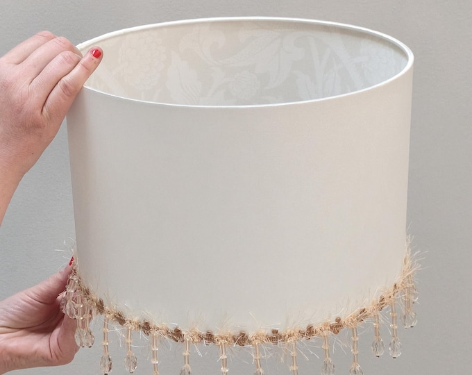 William Morris Pattern Lampshade - Pale Beige Satin with Ivory Beads, Ideal for Weddings