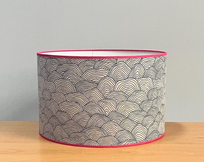 Handmade Lampshade with Blue Waves and Fuchsia Ribbon Detail