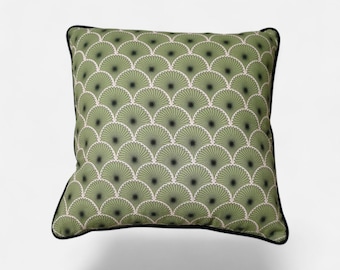 Handmade Art Deco Floral Wave Pillowcase with Beige Velvet Back