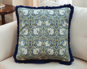 William Morris Pimpernel Pillow Cover – Fluffy Green Floral, Blue Fringe, Mint Velvet Back