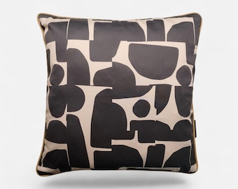 Art Deco Handmade Cushion Cover - Black, Beige & Sand with Elegant Piping
