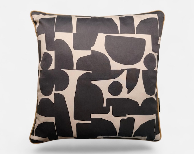 Art Deco Handmade Cushion Cover - Black, Beige & Sand with Elegant Piping