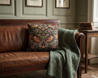 William Morris Strawberry Thief Cushion Cover | Gold Velvet Piping & Black Velvet Backing