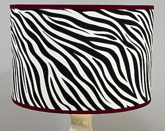 Zebra Print Lampshade with Burgundy Ribbon and Silver Interior