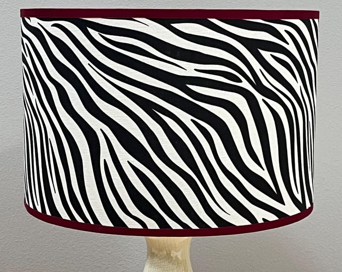 Zebra Print Lampshade with Burgundy Ribbon and Silver Interior