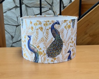 White Lampshade with Gold Plants and Peacock Motif