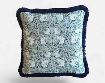 William Morris Pimpernel Pillow Cover – Fluffy Green Floral, Blue Fringe, Mint Velvet Back