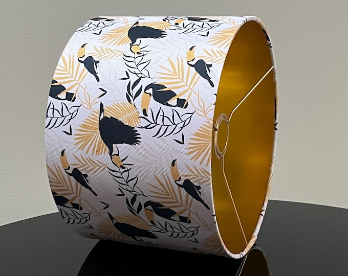 White Lampshade featuring Toucan Birds and Gold Palm Leaves Design