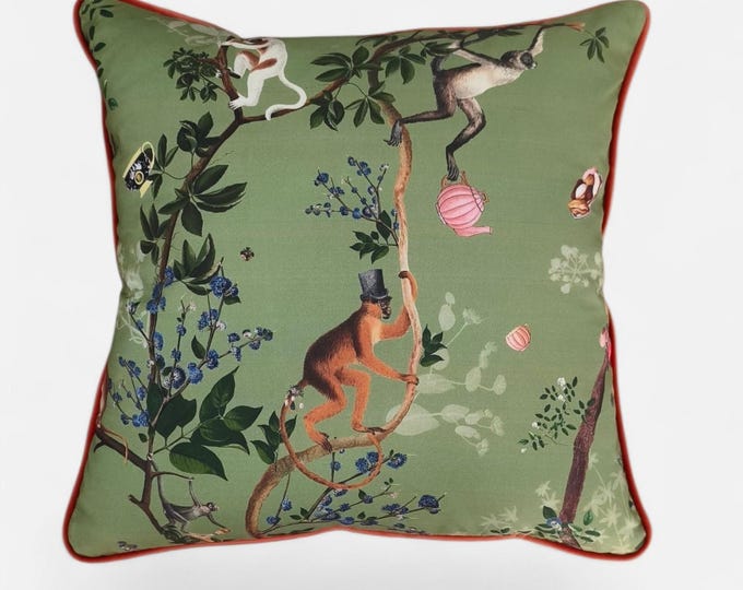 Handmade Chloe Green Monkey Pillowcases with Piping & Cozy Brown Velvet