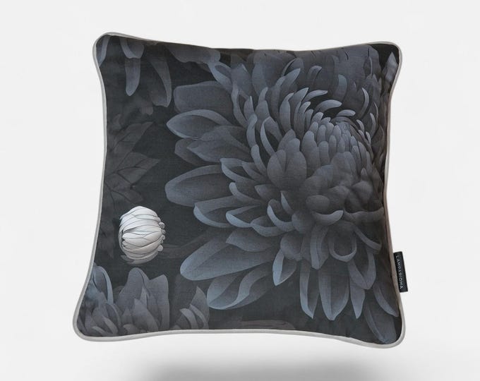 Elegant Chrysanthemum Pillowcase with Piping & Luxe Black Velvet Back
