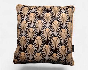 Luxury Art Deco Cushion Cover - Gold Piping & Black Velvet Back for Elegant Interiors