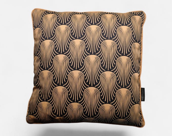 Luxury Art Deco Cushion Cover - Gold Piping & Black Velvet Back for Elegant Interiors