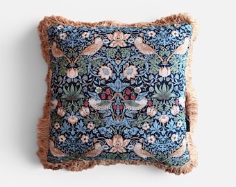Handmade Blue William Morris Strawberry Thief Pillowcase with Luxurious Beige Fringe