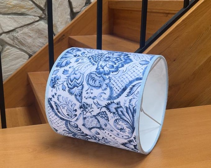 Floral Pattern Lampshade with White Background and Light Blue Ribbon