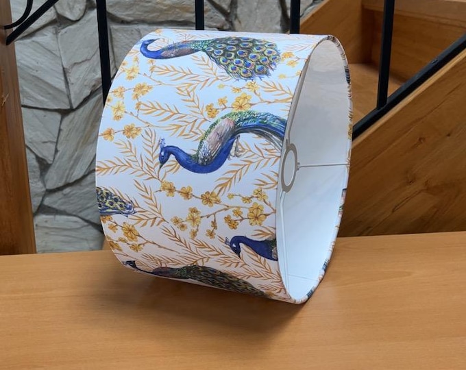 White Lampshade with Gold Plants and Peacock Motif