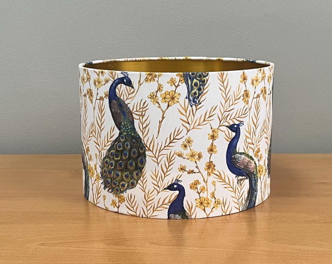 White Lampshade with Gold Plants and Peacock Motif