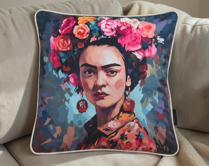 Frida Kahlo Velvet Cushion Cover with Floral Design & Piping