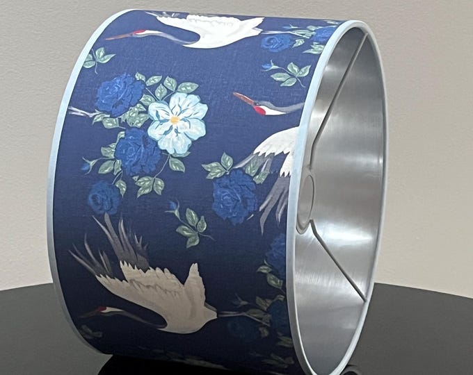 Japanese Inspired Lampshade with Blue Flowers and Cranes - Silver Interior