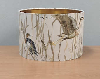 Handcrafted Beige Lampshade – Heron Bird Motif, Gold Interior
