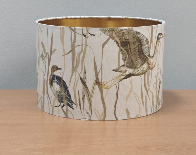 Handcrafted Beige Lampshade – Heron Bird Motif, Gold Interior