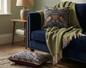Handmade William Morris Strawberry Thief Cushion Cover with Gold Velvet Piping & Red Backing