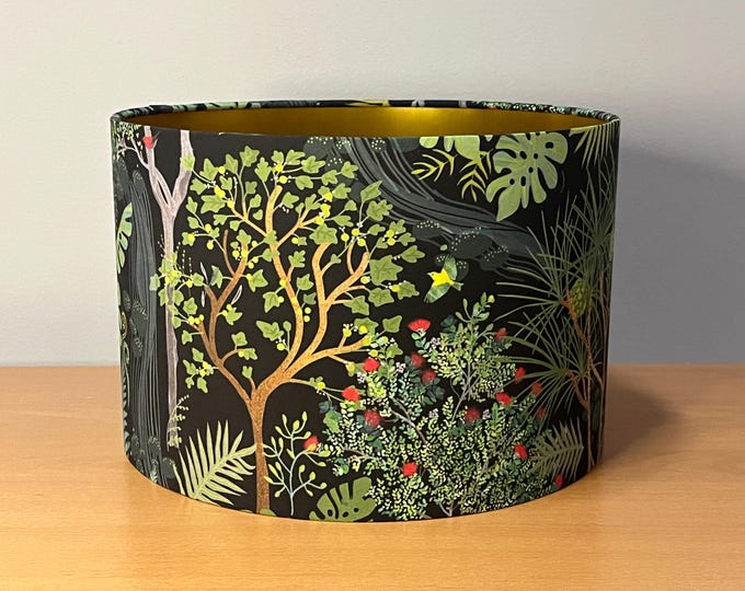 Magical Forest Lampshade: Black Background & Lined Gold Interior