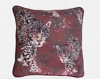 Mocha Mousse Leopard Cushion Cover with Burgundy Piping & Velvet Beige Back
