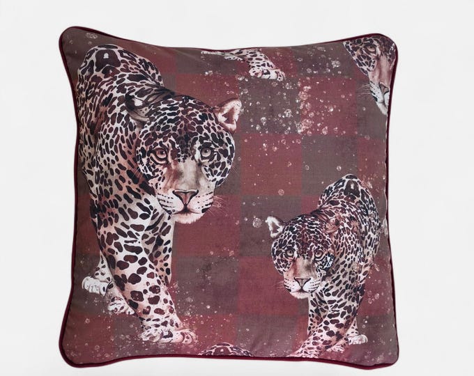 Mocha Mousse Leopard Cushion Cover with Burgundy Piping & Velvet Beige Back