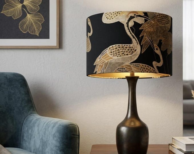 Crane Birds Print Gold Lined Lampshade, Black Background Home Decor