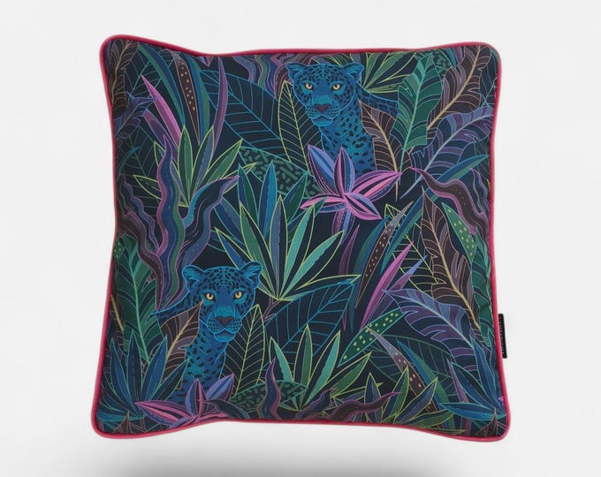 Handcrafted Leopard Print Cushion Cover - Tropical Blue Velvet with Pink Piping