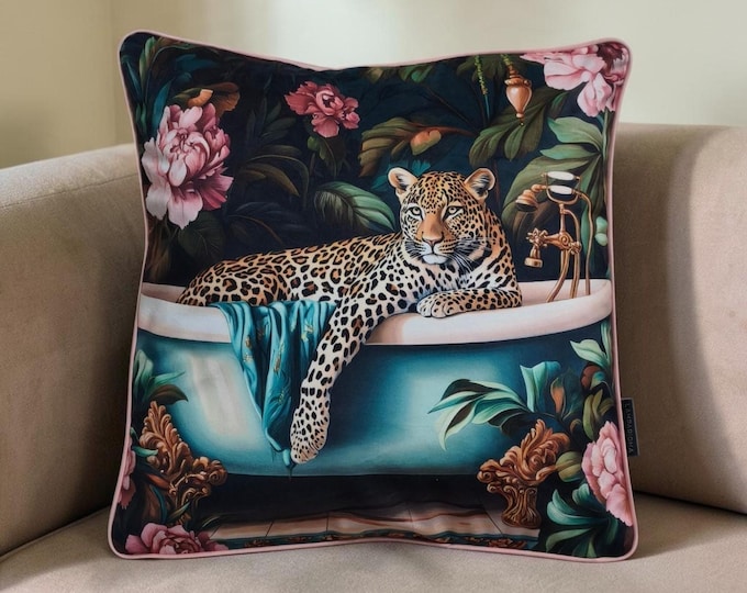 Panther in the Bathtub Velvet Cushion Cover with Elegant Piping