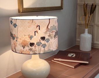 Silver, Gold and Blue Japanese Garden Lampshade - Crane & Cherry Blossom Decor