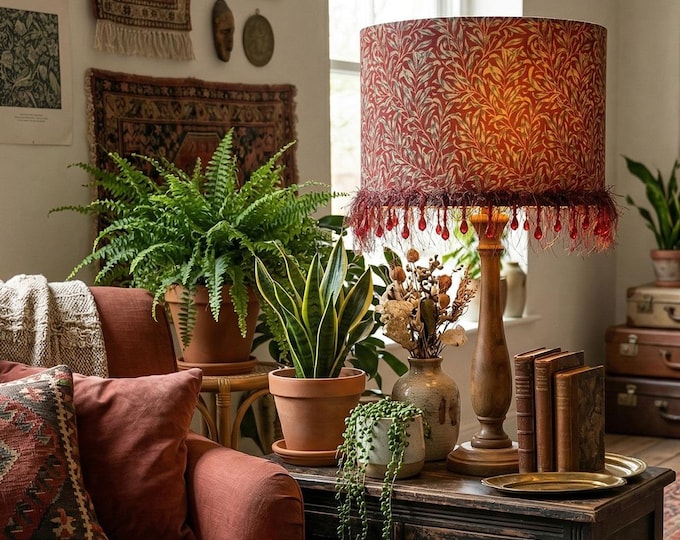 Red William Morris Willow Bough pattern Lampshade with red beads fringe