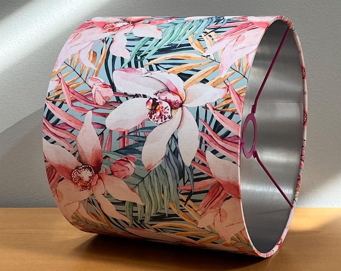 Tropical Flowers Lampshade with Pink Orchids and Silver Interior
