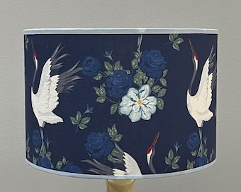 Japanese Inspired Lampshade with Blue Flowers and Cranes - Silver Interior