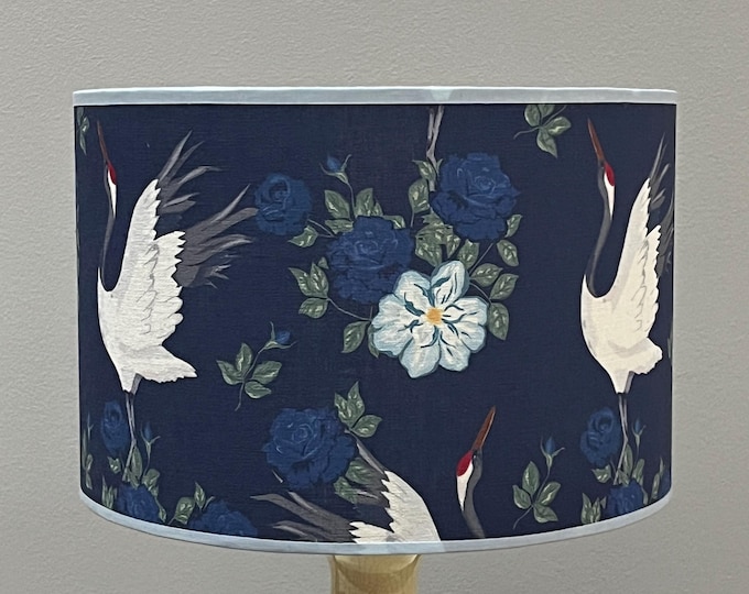 Japanese Inspired Lampshade with Blue Flowers and Cranes - Silver Interior