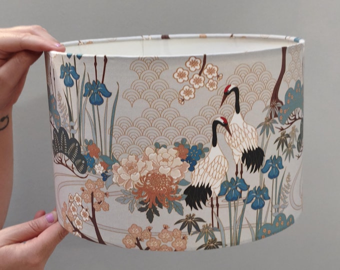 Silver, Gold and Blue Japanese Garden Lampshade - Crane & Cherry Blossom Decor