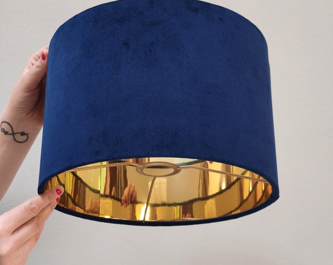 Elegant Blue Velvet Lampshade with Gold Lining - Luxurious Home Decor