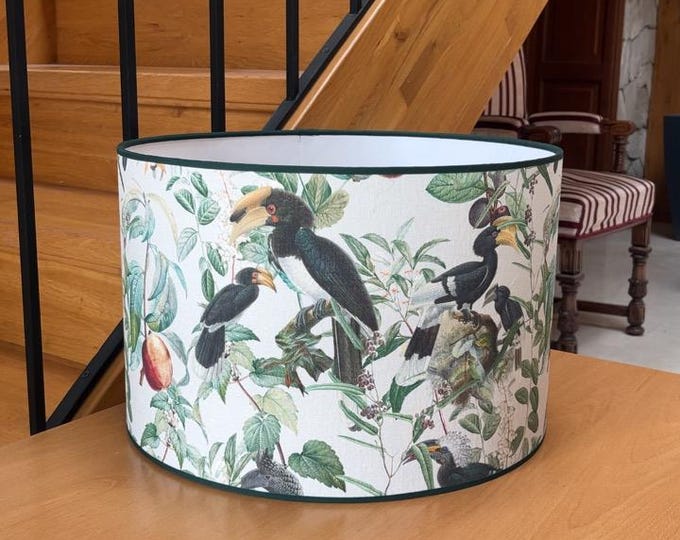 LAMPARiOMA handcrafted bird themed lampshade with dark green ribbon - nature inspired lighting - lampshade for table lamp or pendant