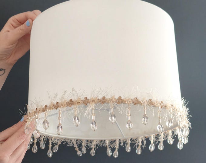 William Morris Pattern Lampshade - Pale Beige Satin with Ivory Beads, Ideal for Weddings